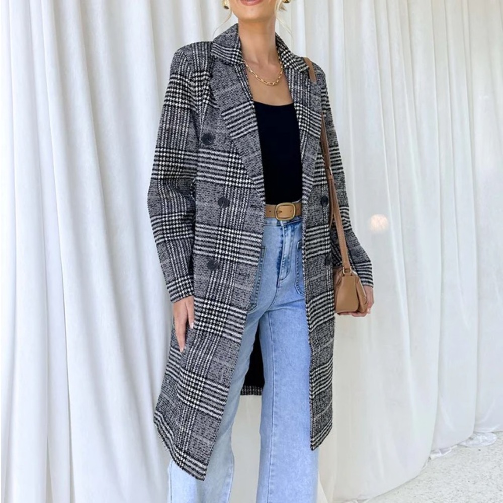 Women's Black and White Plaid Coat